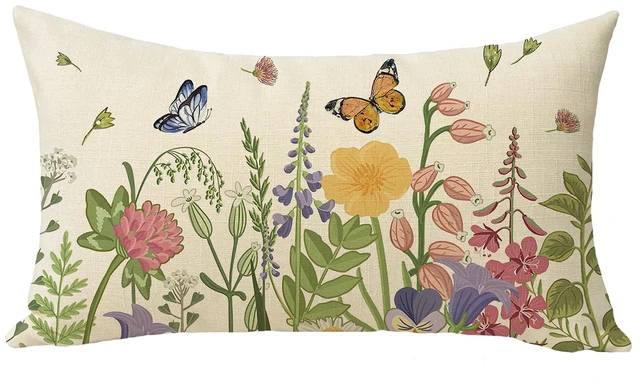 Main image of Spring Summer Wildflowers Lumbar Decorative Throw Pillow Cover 12 x 20 | Rectangular Flower Floral Outdoor Home Decor, Seasonal Butterfly Couch Cushion Case