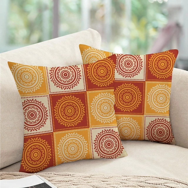 Alt view image 6 of 6 - Boho Yellow Orange Mandala Decorative Throw Pillow Covers | 18 x 18 Set of 2, Bohemian Vintage Abstract Circular Floral Porch Outdoor Home Decor, Geometric Flower Ethnic Sofa Couch