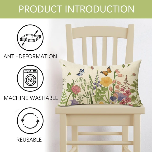 Alt view image 3 of 6 - Spring Summer Wildflowers Lumbar Decorative Throw Pillow Cover 12 x 20 | Rectangular Flower Floral Outdoor Home Decor, Seasonal Butterfly Couch Cushion Case