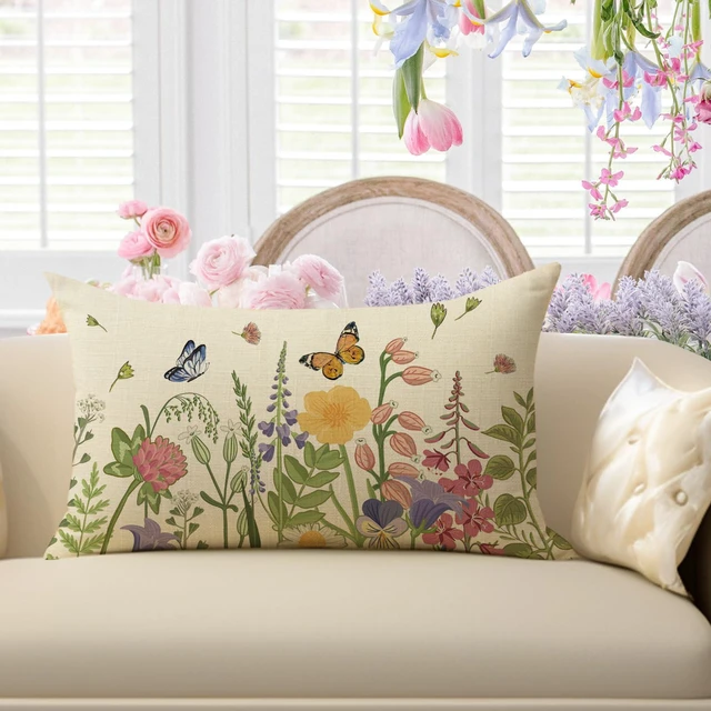 Alt view image 4 of 6 - Spring Summer Wildflowers Lumbar Decorative Throw Pillow Cover 12 x 20 | Rectangular Flower Floral Outdoor Home Decor, Seasonal Butterfly Couch Cushion Case