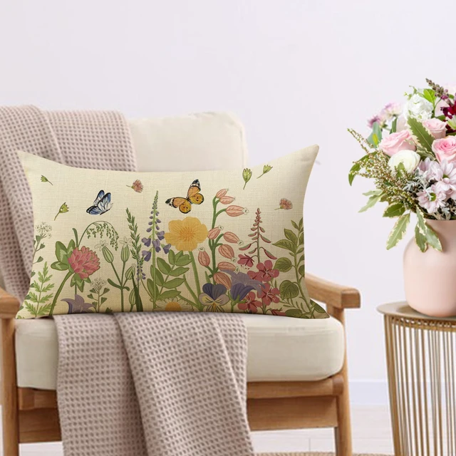 Alt view image 5 of 6 - Spring Summer Wildflowers Lumbar Decorative Throw Pillow Cover 12 x 20 | Rectangular Flower Floral Outdoor Home Decor, Seasonal Butterfly Couch Cushion Case