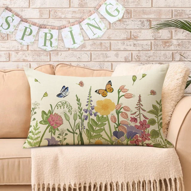 Alt view image 6 of 6 - Spring Summer Wildflowers Lumbar Decorative Throw Pillow Cover 12 x 20 | Rectangular Flower Floral Outdoor Home Decor, Seasonal Butterfly Couch Cushion Case