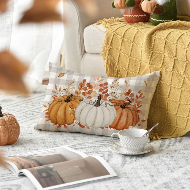 Alt view image 2 of 7 - Fall Pumpkin Plaid Orange Throw Pillow Cover 12x20 Inch | Cotton Eucalyptus Leaves Seasonal Autumn Thanksgiving Harvest Decoration for Home Sofa Couch