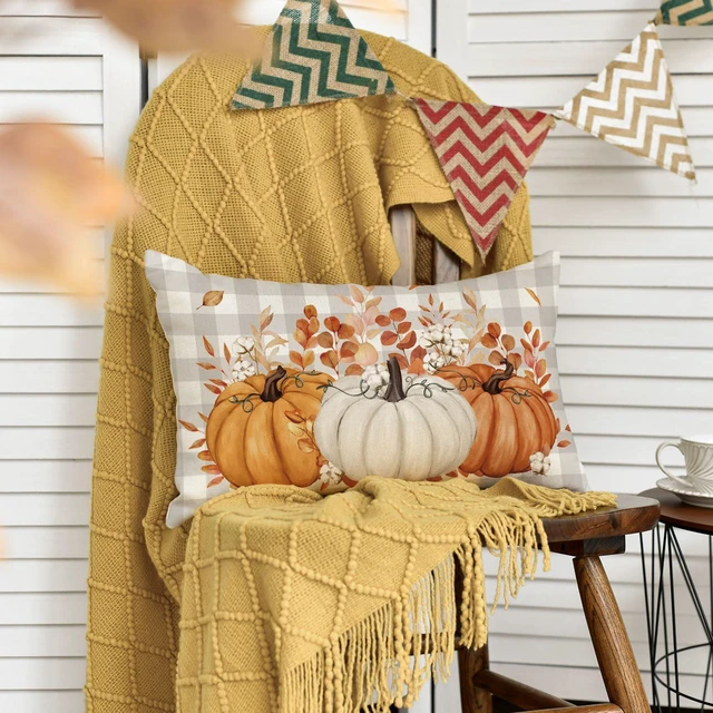 Alt view image 3 of 7 - Fall Pumpkin Plaid Orange Throw Pillow Cover 12x20 Inch | Cotton Eucalyptus Leaves Seasonal Autumn Thanksgiving Harvest Decoration for Home Sofa Couch