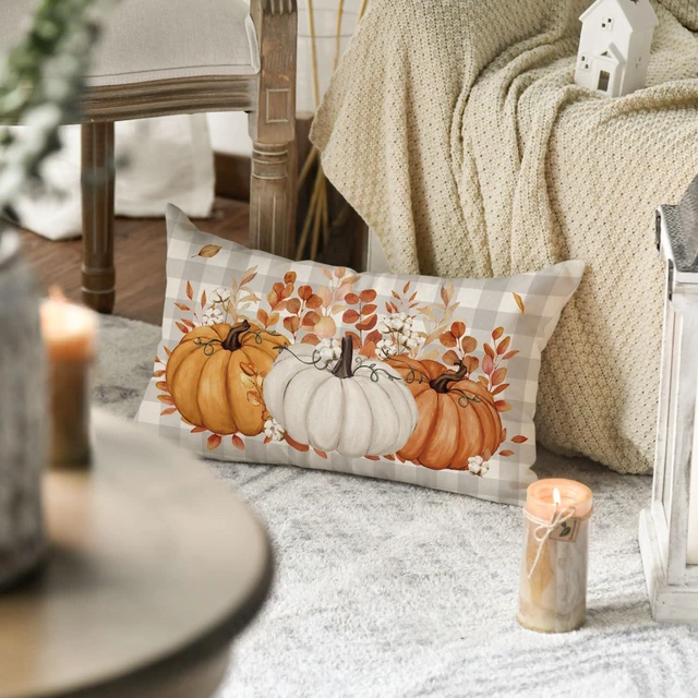 Alt view image 4 of 7 - Fall Pumpkin Plaid Orange Throw Pillow Cover 12x20 Inch | Cotton Eucalyptus Leaves Seasonal Autumn Thanksgiving Harvest Decoration for Home Sofa Couch