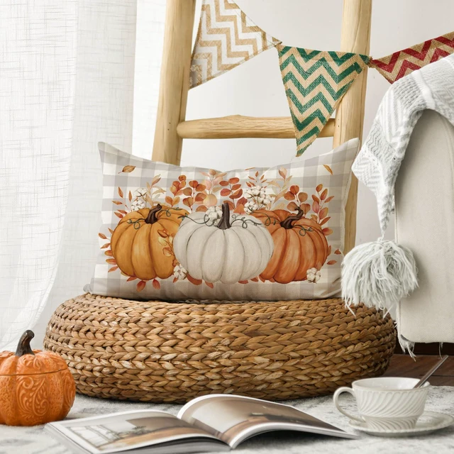 Alt view image 5 of 7 - Fall Pumpkin Plaid Orange Throw Pillow Cover 12x20 Inch | Cotton Eucalyptus Leaves Seasonal Autumn Thanksgiving Harvest Decoration for Home Sofa Couch
