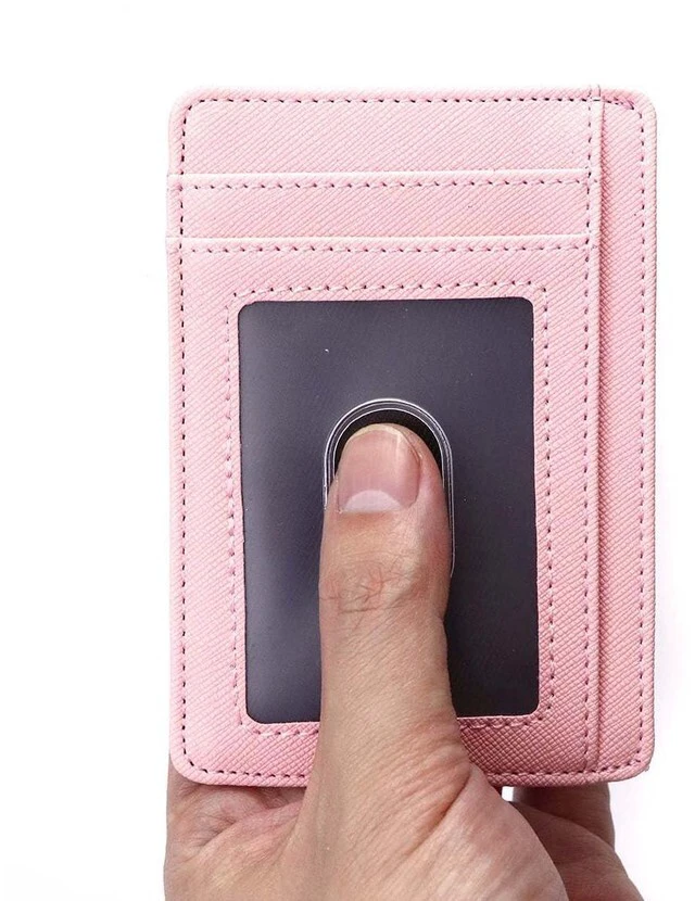 Alt view image 6 of 6 - AGBIADD Slim Minimalist Front Pocket RFID Blocking Leather Wallets for Men Women Medium Size (Cross pattern Pink)