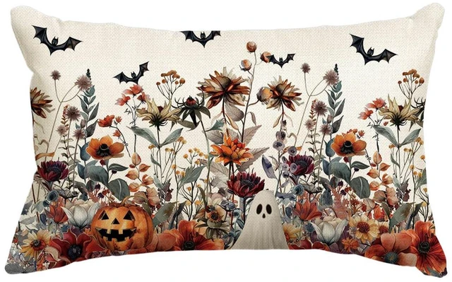 Main image of AVOIN colorlife Halloween Horror Wildflowers Throw Pillow Cover, 12 x 20 Inch Pumpkin Ghost Bat Cushion Case Decoration for Sofa Couch