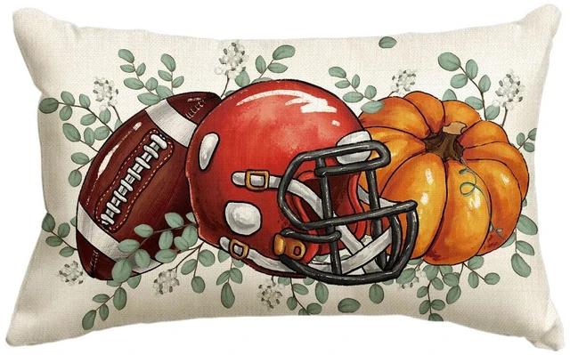 Main image of AVOIN colorlife Fall Football Pumpkin Throw Pillow Cover 12x20 Inch, Seasonal Autumn Eucalyptus Leaves Thanksgiving Harvest Cushion Case Decoration for Sofa Couch