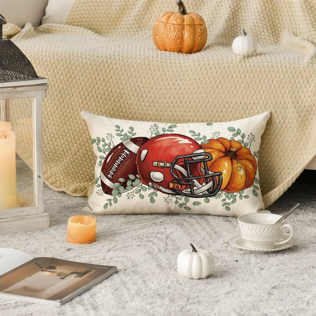 Alt view image 2 of 7 - AVOIN colorlife Fall Football Pumpkin Throw Pillow Cover 12x20 Inch, Seasonal Autumn Eucalyptus Leaves Thanksgiving Harvest Cushion Case Decoration for Sofa Couch