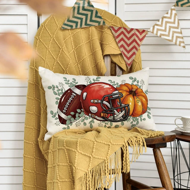 Alt view image 3 of 7 - AVOIN colorlife Fall Football Pumpkin Throw Pillow Cover 12x20 Inch, Seasonal Autumn Eucalyptus Leaves Thanksgiving Harvest Cushion Case Decoration for Sofa Couch