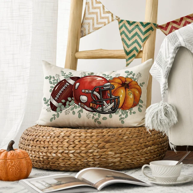 Alt view image 5 of 7 - AVOIN colorlife Fall Football Pumpkin Throw Pillow Cover 12x20 Inch, Seasonal Autumn Eucalyptus Leaves Thanksgiving Harvest Cushion Case Decoration for Sofa Couch