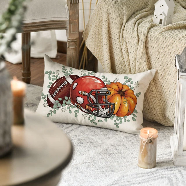 Alt view image 4 of 7 - AVOIN colorlife Fall Football Pumpkin Throw Pillow Cover 12x20 Inch, Seasonal Autumn Eucalyptus Leaves Thanksgiving Harvest Cushion Case Decoration for Sofa Couch