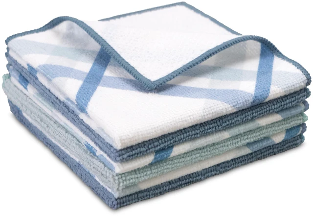 Main image of S&T INC. Dish Cloths, 6 Pack, 12" x 12", Assorted Blue Plaid | Dual-Sided Dish Scrubbers, Mesh Side for Tough Messes, Soft Microfiber for Rich Lather and Dish Washing, Machine Washable