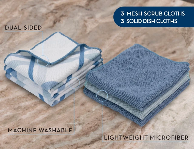 Alt view image 2 of 6 - S&T INC. Dish Cloths, 6 Pack, 12" x 12", Assorted Blue Plaid | Dual-Sided Dish Scrubbers, Mesh Side for Tough Messes, Soft Microfiber for Rich Lather and Dish Washing, Machine Washable