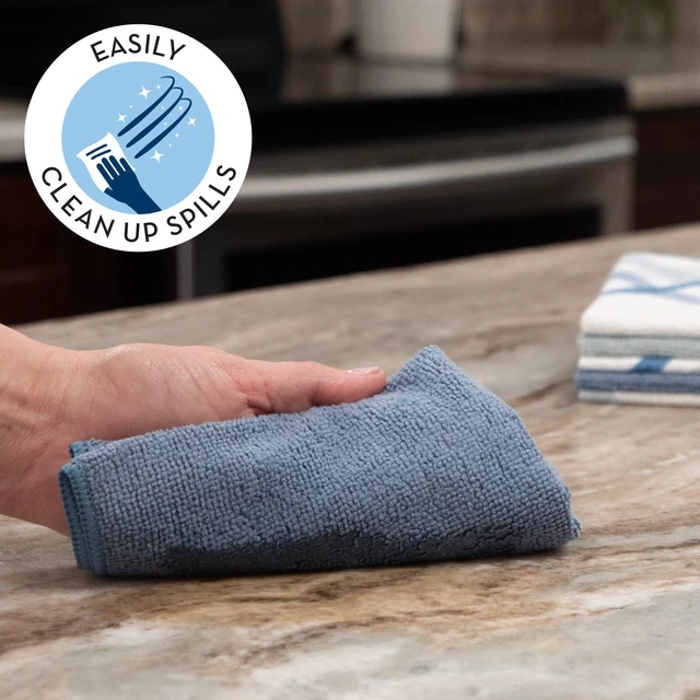 Alt view image 4 of 6 - S&T INC. Dish Cloths, 6 Pack, 12" x 12", Assorted Blue Plaid | Dual-Sided Dish Scrubbers, Mesh Side for Tough Messes, Soft Microfiber for Rich Lather and Dish Washing, Machine Washable