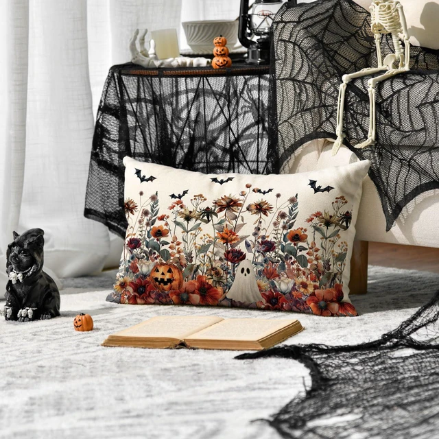 Alt view image 2 of 7 - AVOIN colorlife Halloween Horror Wildflowers Throw Pillow Cover, 12 x 20 Inch Pumpkin Ghost Bat Cushion Case Decoration for Sofa Couch