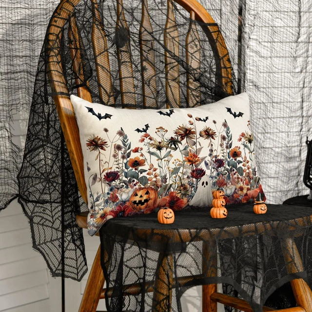 Alt view image 3 of 7 - AVOIN colorlife Halloween Horror Wildflowers Throw Pillow Cover, 12 x 20 Inch Pumpkin Ghost Bat Cushion Case Decoration for Sofa Couch
