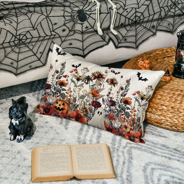 Alt view image 4 of 7 - AVOIN colorlife Halloween Horror Wildflowers Throw Pillow Cover, 12 x 20 Inch Pumpkin Ghost Bat Cushion Case Decoration for Sofa Couch