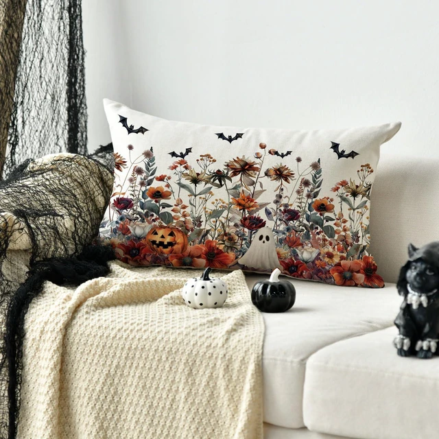 Alt view image 5 of 7 - AVOIN colorlife Halloween Horror Wildflowers Throw Pillow Cover, 12 x 20 Inch Pumpkin Ghost Bat Cushion Case Decoration for Sofa Couch