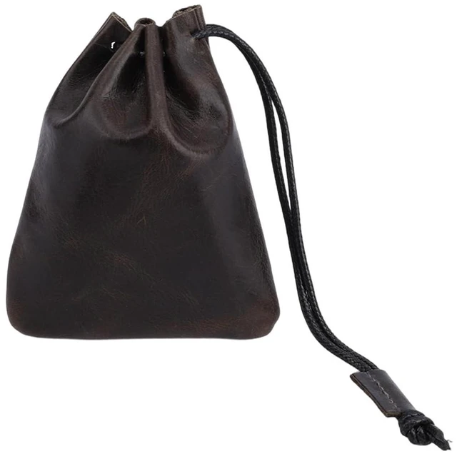 Main image of Leather Drawstring Pouch, 12x10cm/4.72x3.94in Cowhide Drawstring Pouch Medieval Coin Purse Organizer Vintage Leather Storage Bags for Earphone (Dark Brown)