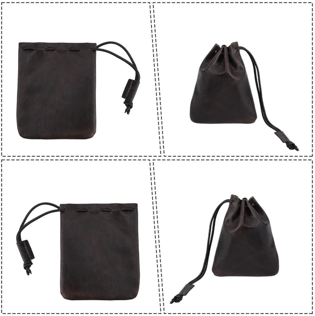 Alt view image 4 of 7 - Leather Drawstring Pouch, 12x10cm/4.72x3.94in Cowhide Drawstring Pouch Medieval Coin Purse Organizer Vintage Leather Storage Bags for Earphone (Dark Brown)