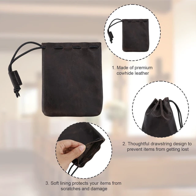 Alt view image 5 of 7 - Leather Drawstring Pouch, 12x10cm/4.72x3.94in Cowhide Drawstring Pouch Medieval Coin Purse Organizer Vintage Leather Storage Bags for Earphone (Dark Brown)