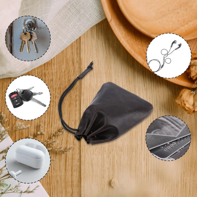 Alt view image 6 of 7 - Leather Drawstring Pouch, 12x10cm/4.72x3.94in Cowhide Drawstring Pouch Medieval Coin Purse Organizer Vintage Leather Storage Bags for Earphone (Dark Brown)