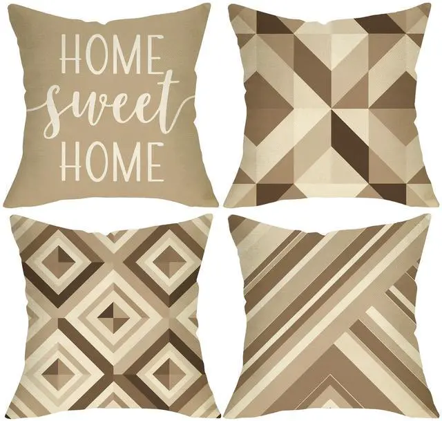 Main image of Farmhouse Home Sweet Home Decorative Throw Pillow Covers 18 x 18 Set of 4, Brown Geometric Abstract Modern Art Porch Outdoor Decor, Minimalist Argyle Sofa Couch Cushion Case