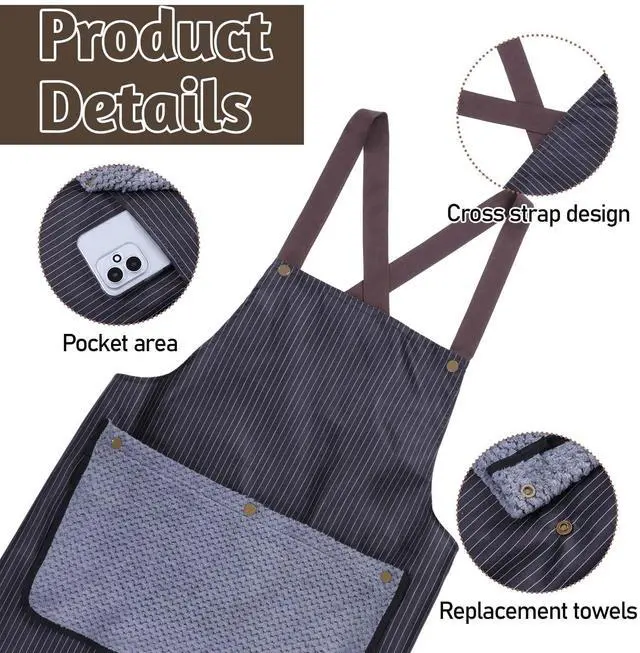 Alt view image 2 of 7 - Kitchen Apron with Detachable Towel and Pockets Waterproof Cooking Apron No-Tie Cross Back Aprons Chef Aprons for Cooking Baking BBQ