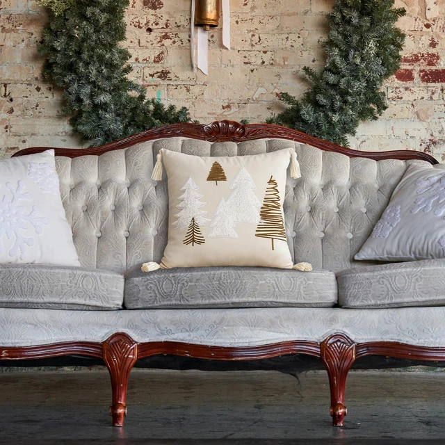 Alt view image 2 of 5 - TAJWE Christmas Pillow Cover 18x18 Inch Soft Cute Pellet Embroidery Trees Decorative Pillowcase with Tassel Farmhouse Xmas Winter Holiday Lumbar Cushion Case for Sofa Couch Home Decor