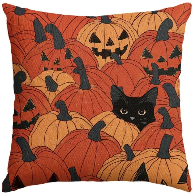 Main image of AVOIN colorlife Halloween Pumpkin Black Cat Throw Pillow Cover, 18 x 18 Inch Holiday Farmhouse Orange Spooky Cushion Case Decoration for Sofa Couch