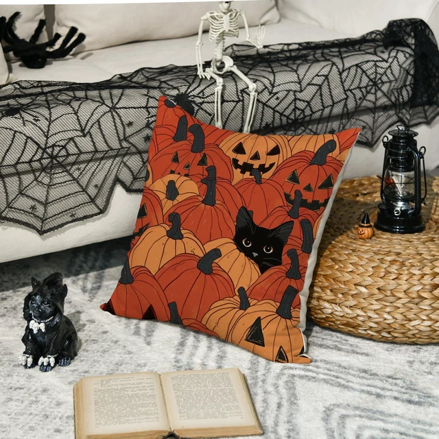 Alt view image 4 of 7 - AVOIN colorlife Halloween Pumpkin Black Cat Throw Pillow Cover, 18 x 18 Inch Holiday Farmhouse Orange Spooky Cushion Case Decoration for Sofa Couch