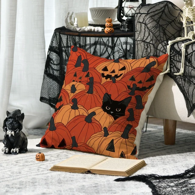 Alt view image 2 of 7 - AVOIN colorlife Halloween Pumpkin Black Cat Throw Pillow Cover, 18 x 18 Inch Holiday Farmhouse Orange Spooky Cushion Case Decoration for Sofa Couch