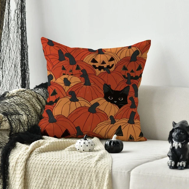 Alt view image 5 of 7 - AVOIN colorlife Halloween Pumpkin Black Cat Throw Pillow Cover, 18 x 18 Inch Holiday Farmhouse Orange Spooky Cushion Case Decoration for Sofa Couch