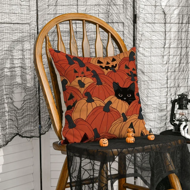 Alt view image 3 of 7 - AVOIN colorlife Halloween Pumpkin Black Cat Throw Pillow Cover, 18 x 18 Inch Holiday Farmhouse Orange Spooky Cushion Case Decoration for Sofa Couch