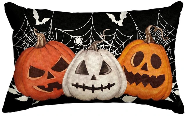 Main image of AVOIN colorlife Halloween Pumpkin Jack-O'-Lanterns Bat Throw Pillow Cover, 12 x 20 Inch Holiday Farmhouse Black Cushion Case Decoration for Sofa Couch