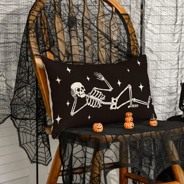 Alt view image 3 of 7 - AVOIN colorlife Halloween Cool Skull Throw Pillow Cover, 12 x 20 Inch Skeleton Holiday Farmhouse Cushion Case Decoration for Sofa Couch