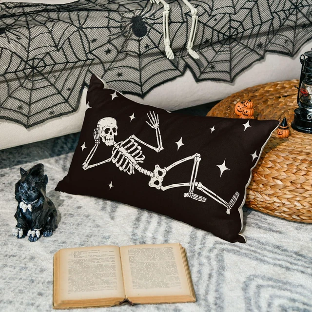 Alt view image 4 of 7 - AVOIN colorlife Halloween Cool Skull Throw Pillow Cover, 12 x 20 Inch Skeleton Holiday Farmhouse Cushion Case Decoration for Sofa Couch