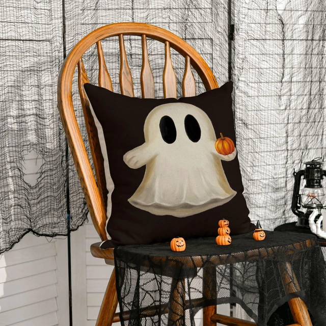 Alt view image 3 of 7 - AVOIN colorlife Ghost Pumpkin Halloween Black Throw Pillow Cover, 18 x 18 Inch Holiday Farmhouse Cushion Case Decoration for Sofa Couch