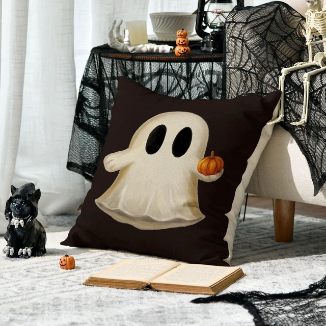 Alt view image 2 of 7 - AVOIN colorlife Ghost Pumpkin Halloween Black Throw Pillow Cover, 18 x 18 Inch Holiday Farmhouse Cushion Case Decoration for Sofa Couch