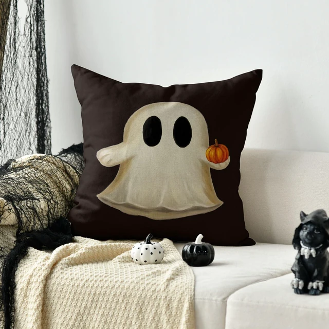 Alt view image 5 of 7 - AVOIN colorlife Ghost Pumpkin Halloween Black Throw Pillow Cover, 18 x 18 Inch Holiday Farmhouse Cushion Case Decoration for Sofa Couch