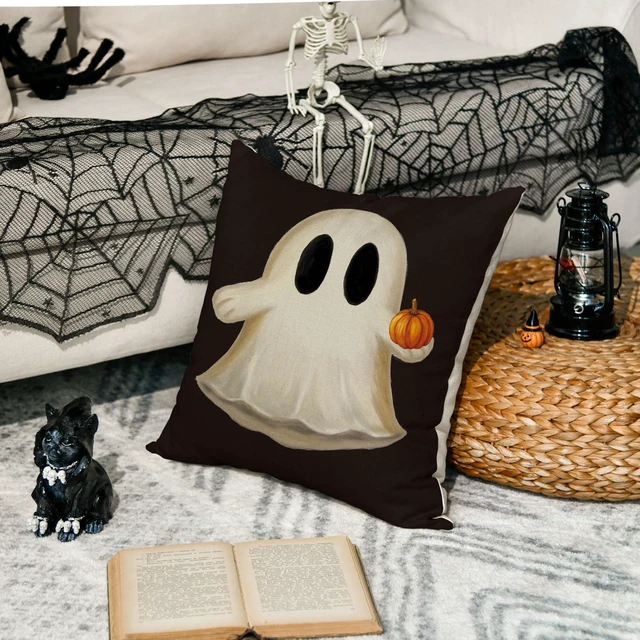 Alt view image 4 of 7 - AVOIN colorlife Ghost Pumpkin Halloween Black Throw Pillow Cover, 18 x 18 Inch Holiday Farmhouse Cushion Case Decoration for Sofa Couch