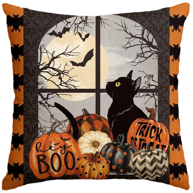 Main image of AVOIN colorlife Trick or Treat Halloween Pumpkin Cat Boo Throw Pillow Cover, 18 x 18 Inch Holiday Farmhouse Cushion Case Decoration for Sofa Couch