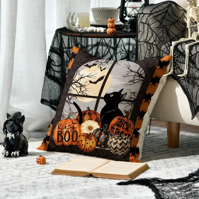 Alt view image 2 of 7 - AVOIN colorlife Trick or Treat Halloween Pumpkin Cat Boo Throw Pillow Cover, 18 x 18 Inch Holiday Farmhouse Cushion Case Decoration for Sofa Couch