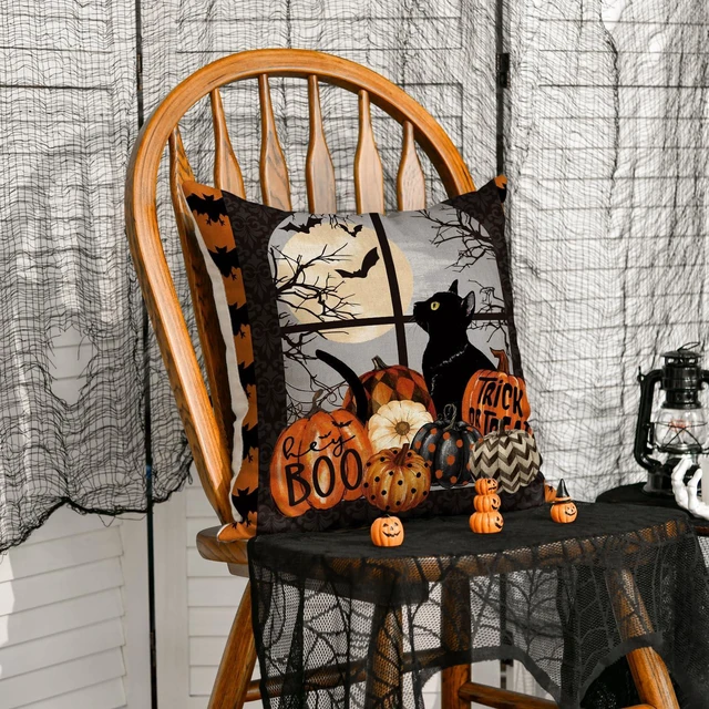 Alt view image 3 of 7 - AVOIN colorlife Trick or Treat Halloween Pumpkin Cat Boo Throw Pillow Cover, 18 x 18 Inch Holiday Farmhouse Cushion Case Decoration for Sofa Couch