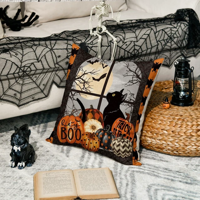 Alt view image 4 of 7 - AVOIN colorlife Trick or Treat Halloween Pumpkin Cat Boo Throw Pillow Cover, 18 x 18 Inch Holiday Farmhouse Cushion Case Decoration for Sofa Couch
