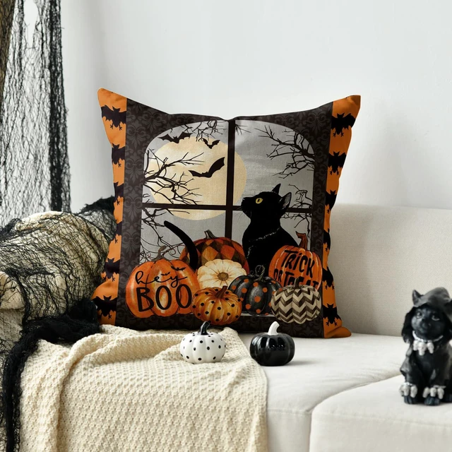 Alt view image 5 of 7 - AVOIN colorlife Trick or Treat Halloween Pumpkin Cat Boo Throw Pillow Cover, 18 x 18 Inch Holiday Farmhouse Cushion Case Decoration for Sofa Couch