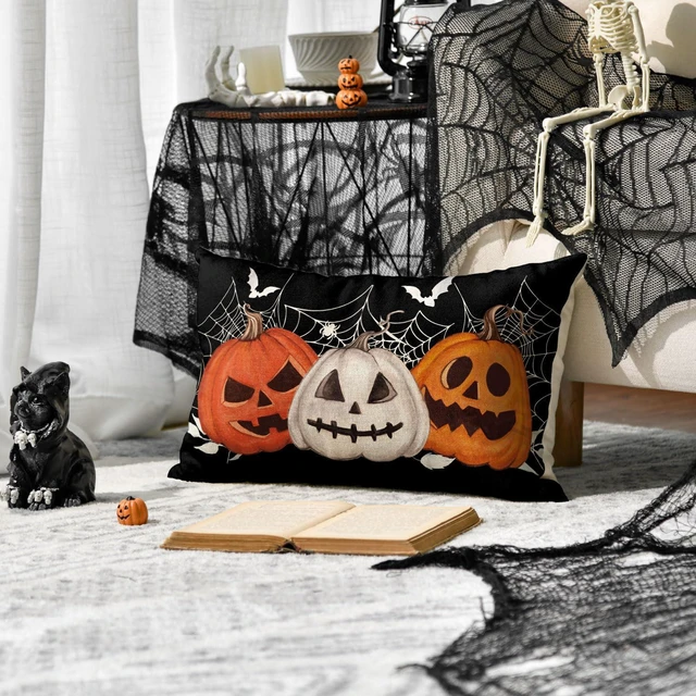 Alt view image 2 of 7 - AVOIN colorlife Halloween Pumpkin Jack-O'-Lanterns Bat Throw Pillow Cover, 12 x 20 Inch Holiday Farmhouse Black Cushion Case Decoration for Sofa Couch