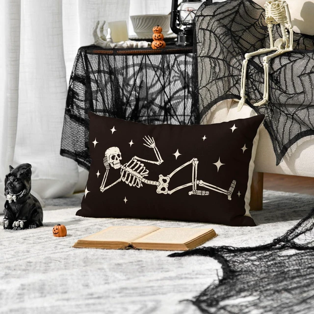 Alt view image 2 of 7 - AVOIN colorlife Halloween Cool Skull Throw Pillow Cover, 12 x 20 Inch Skeleton Holiday Farmhouse Cushion Case Decoration for Sofa Couch